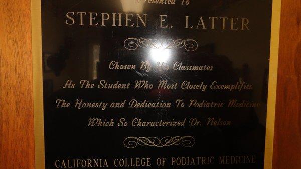 Dr. Stephen Latter recognized by his fellow Podiatric physicians, May 1991