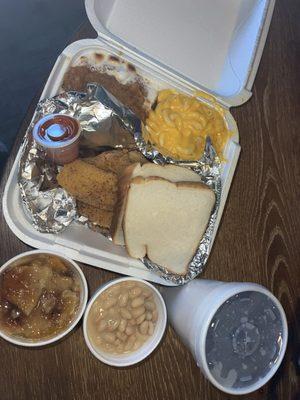 Catfish Plate with Yams & Macaroni! Side of white beans and peach cobbler! Koolaid