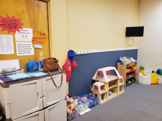 One wall of the childcare room. Childcare is available during several classes; $1 per child per class.