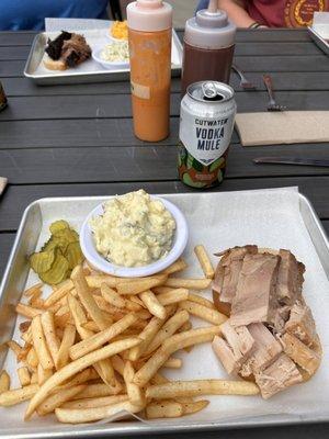 Smoked turkey, fries, potato salad