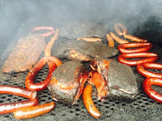 Getting meat on for the night, briskets, pork butts, ribs & sausages...