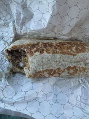 Ground beef burrito, cheese, rice, onions