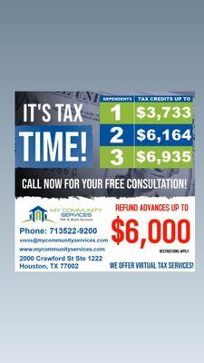 Tax Season begins January 2nd!! Refund advance available. Walk ins welcome..