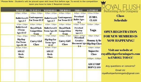 These are our weekly classes that we offer here at Royal Flush Performing Arts. To sign up today you can vsiit our website listed.