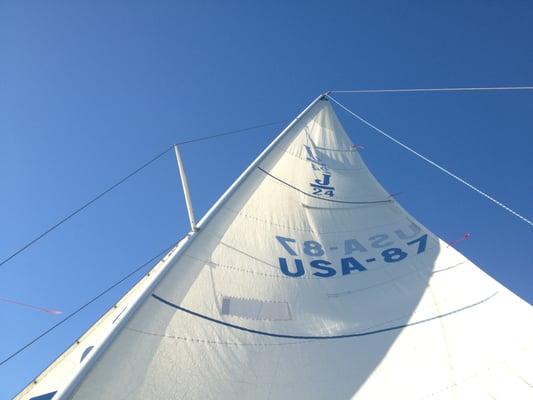 The view from the cockpit. Sail trim is an important part of the sailing education campers receive during their time with us.