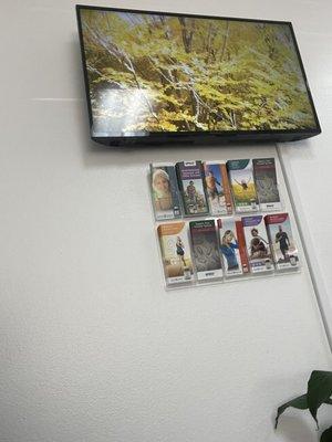 Waiting room with pamphlets and calming music and beautiful pictures on monitor