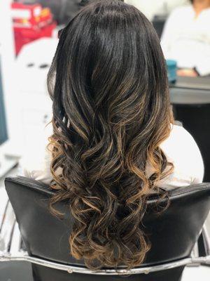 Wash treatment, blow out with curls