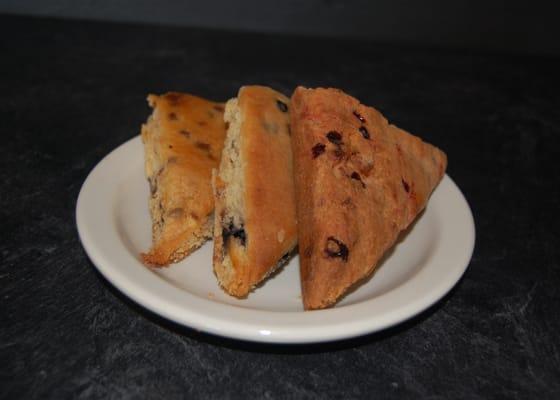 Moist, delicious scones, baked daily.  Raspberry white chocolate, apple cinnamon and blueberry