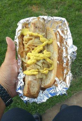 Bratwurst Sausage w/ onions & mustard from Butcher and Bird.