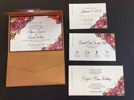 A Pocket Invite consists of the invite and 3 info cards that slip into the pocket.