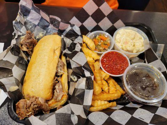 Italian beef with fries and macaroni salad