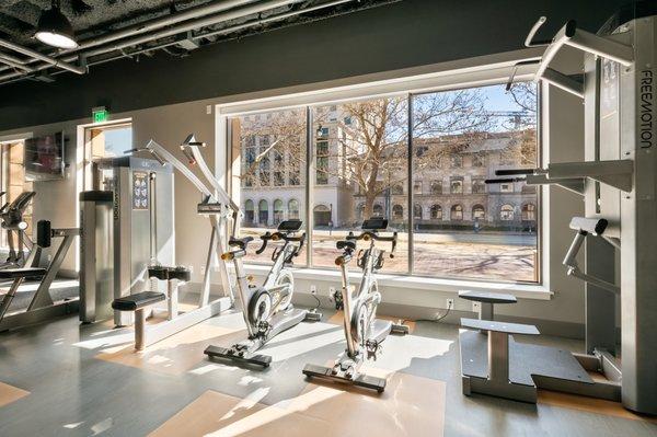 Fitness room with large windows