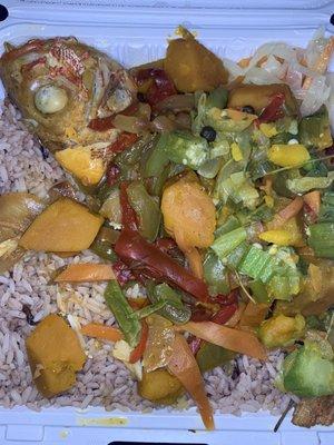 Steamed fish, rice and peas, cabbage