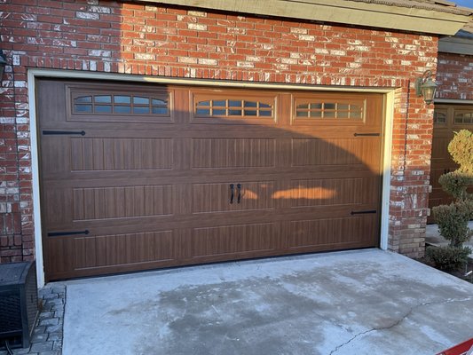 New Garage Door Sonoma Ranch Golden Oak color with Cascade window and Exterior Decorative Hardware