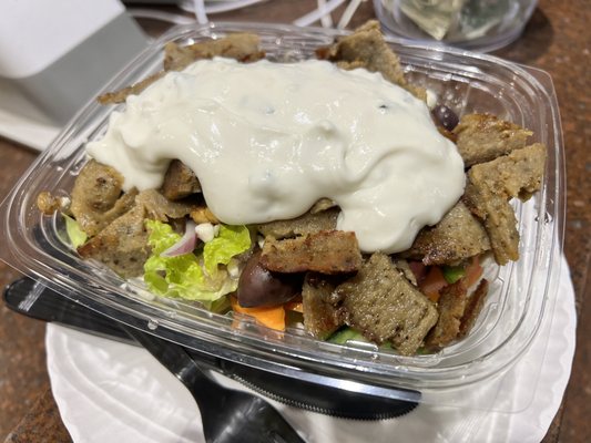 Greek Salad w/ Gyro Beef + Lamb on top