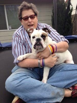 My English Bulldog taking a break with me on the trampoline.