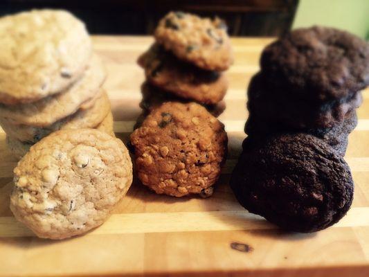 Our signature cookies: Chocolate Chip, Oatmeal Cranberry, and Triple Chocolate