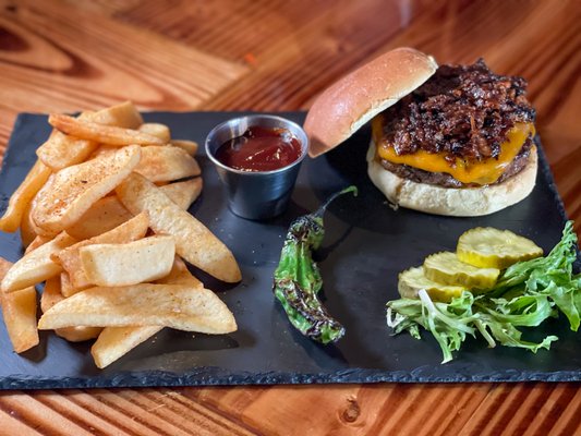 Two of our favorites brought together - introducing our BBQ pulled pork hamburger. This thing is crazy good!