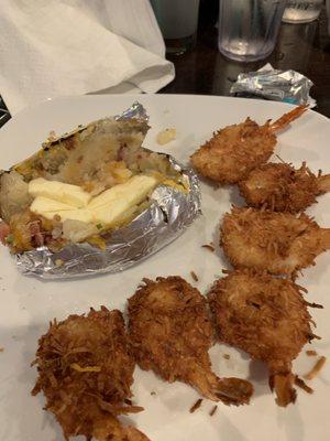 Coconut shrimp and loaded baked potato.