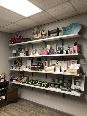 Each space in our store is stocked with unique handcrafted gifts from different vendors!