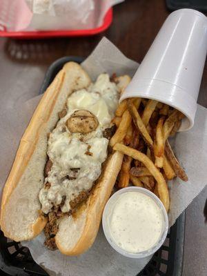 ig: @ whatsviveating  |  steak and mushroom philly sandwich, fresh cut fries, and ranch