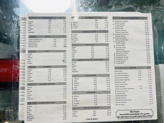 Most recent menu as of 1/5/22.  Notice price difference compared to other posted menus.