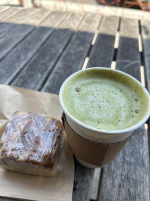 Matcha latte with oat milk and apple coffee cake