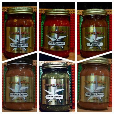 Texas Wild Salsas: 
 Bean & Corn, Roja, Peach, 4X Hot & Chunky, Verde, Texas Fresh