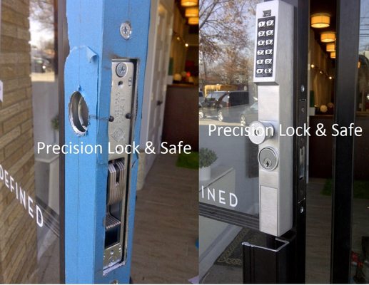 Before and After of an Electronic Lock Install on an Aluminum Storefront Door