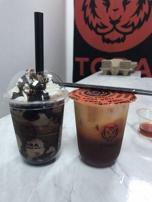 mocha frap with boba & a thai tea w/ almond milk