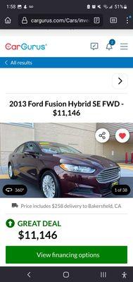 The add CLEARLY says the price INCLUDES $ 258  for delivery to Bakersfield.  This is the screen shot from car gurus.