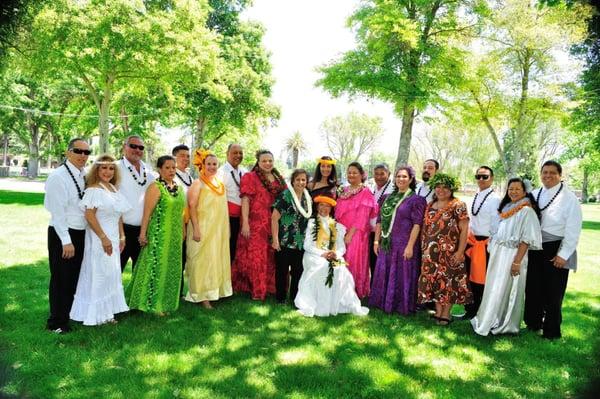 Kumu hulas throughout Calif in May day Court with Loea Naomi Kalama (Queen)