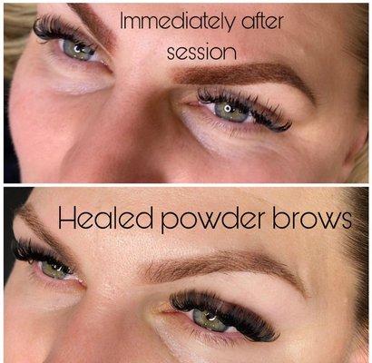 Immediately after and healed powder brows