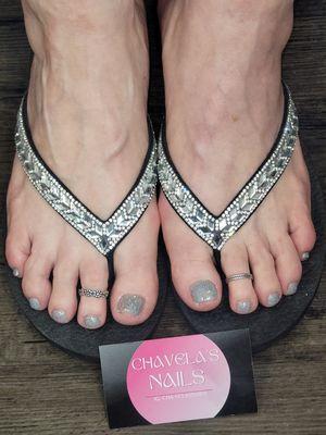 Pedi with grey and sparkle nail polish