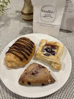 Chocolate croissant, blueberry cream puff, & white chocolate raspberry scone