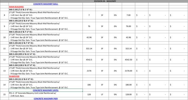 Masonry Takeoff BOQ