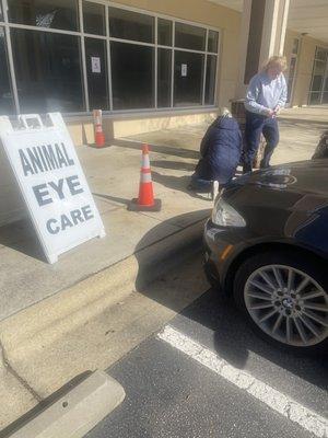 Service rendered while the customer sits in the ground to hold her animal while the staff perform medical care. This can not be sanitary.