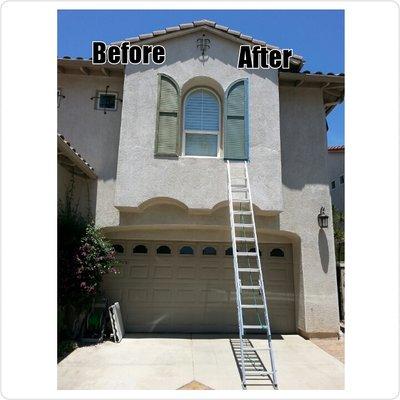 Residential: Left side of window shutter faded /weathered and right side freshly painted by HOA color standards.