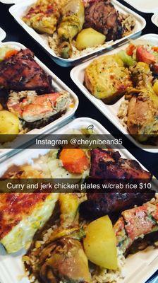 Bake man-n-cheese,jerk or curry chicken,veggies,crab and rice