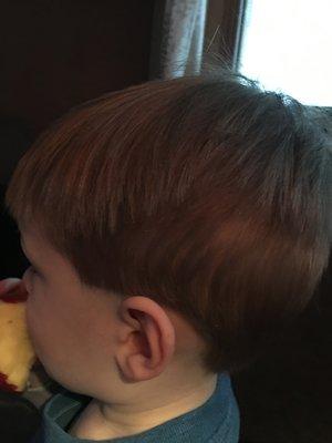 My toddler's very uneven haircut. It's so short in some places on the bottom that it looks like he has bald spots.