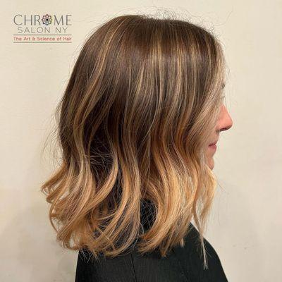 Foliayge, intentionally dropped down to resemble a grown out balayage. Plus a great haircut. www.chromesalonny.com