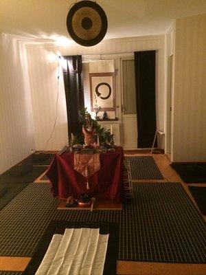 A customer's meditation room with an Enso wall scroll that we made for her.