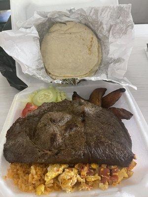 This is a breakfast from the menu, steak, rice, sweet plantains scramble tomatoes and onions, tortillas and salad!!!