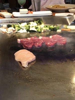 Steak and chicken on the hibachi