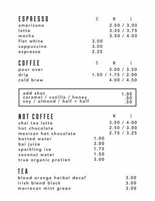 Here is our coffee menu. We also have a good menu from our cottage kitchen, Mindful Treats. I will get one up shortly