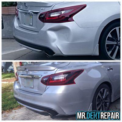 Front bumper dent before and after repair.