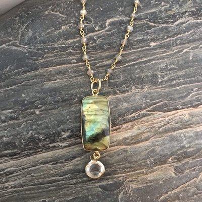 Labradorite pendant with a faceted moonstone drop on a labradorite beaded chain