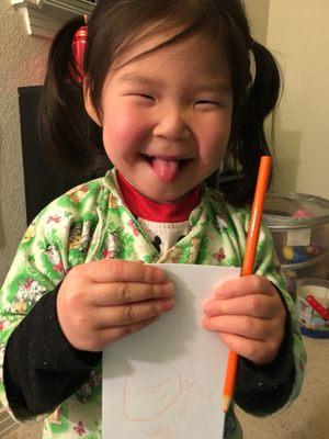 Now my daughter is 3years and 2 months can write her name. She helps me to clean carrot.  Thank you for hard working teachers.