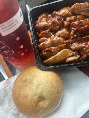 Rose garden tea, teriyaki chicken rice bowl and a pork bun