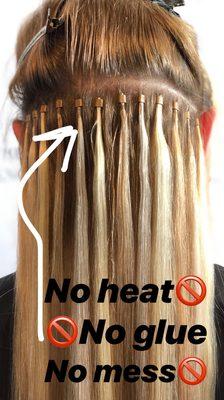 Micro-bead hair extensions. No heat no glue no mess. Can last up to a year with proper at home care.